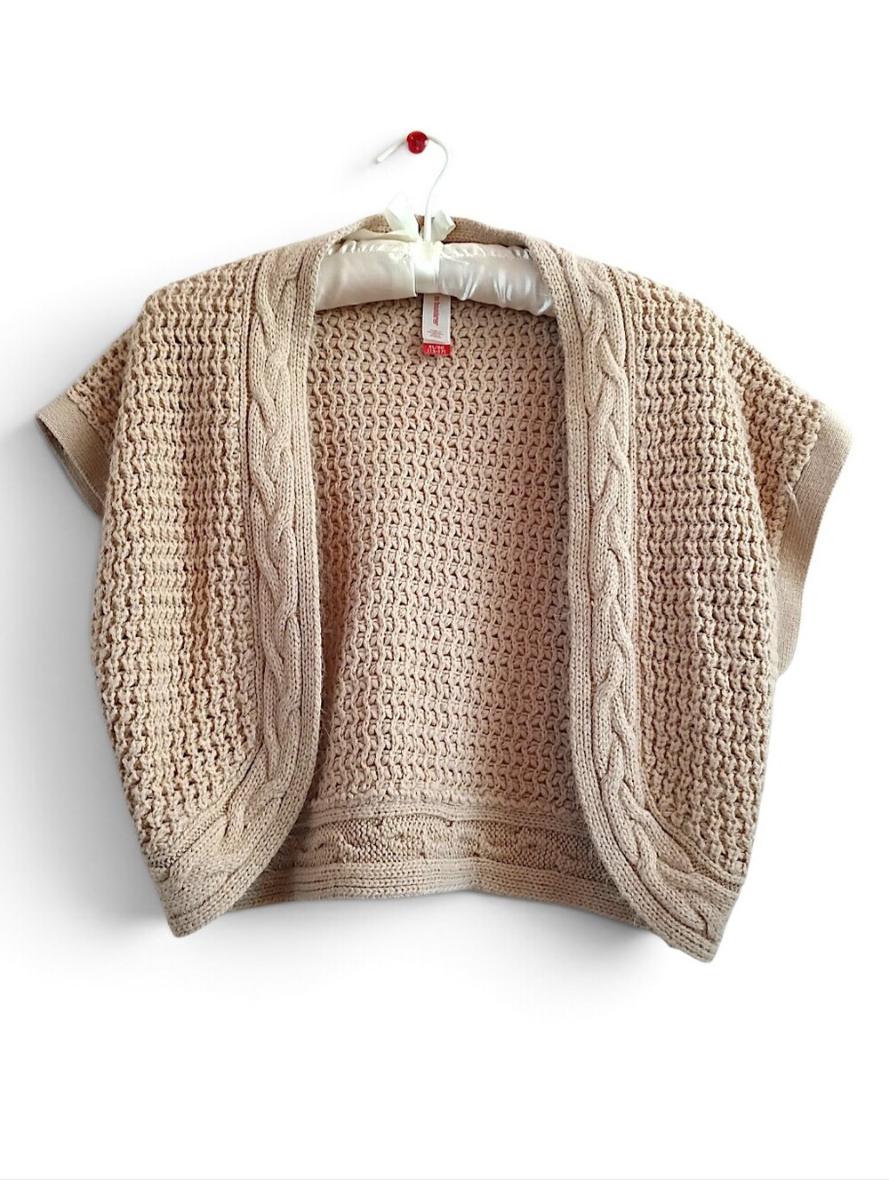 No Boundaries Beige Cable Trim Open-Front Knit Shrug Chunky Cropped Soft